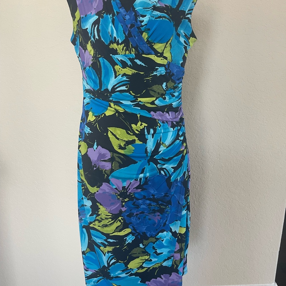 Evan Picone Vibrant Floral Midi Dress - Blue, Green, Purple